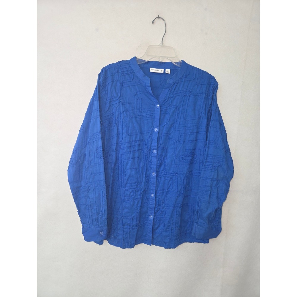Susan Graver Button Front Blouse Womens Medium Blue Textured Cotton‎ A213557